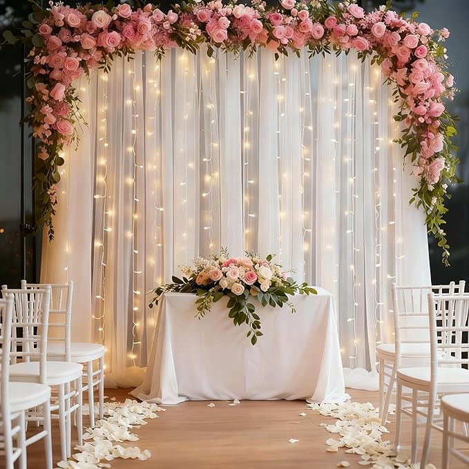 10×10ft White Tulle Backdrop Curtain with Lights String for Parites, Sheer Curtain Backdrop Drapes for Wedding Party Home Decorations