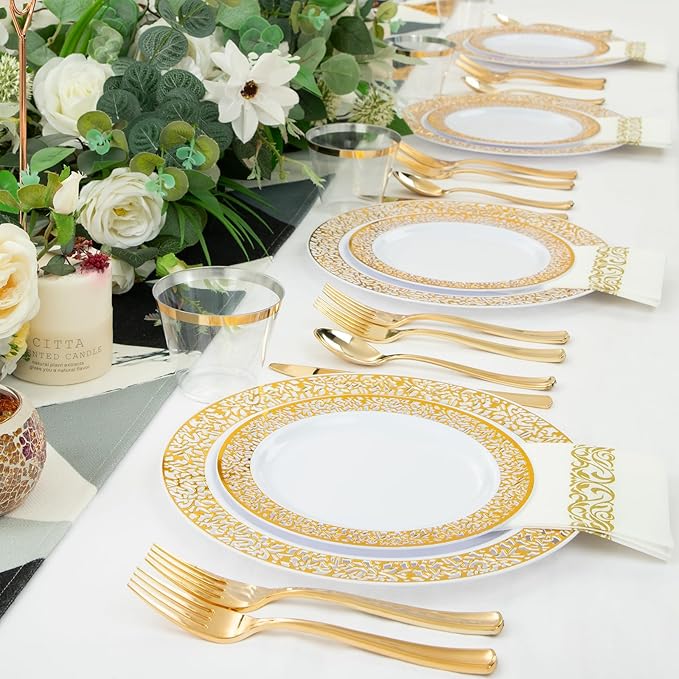 WELLIFE 210Pcs Gold Plastic Dinnerware - Disposable Silverware and Cups, Include:30 Dinner Plates, 30 Dessert Plates, 30 Paper Napkins, 30 Cups, 30 Gold Plastic Cutlery Set for Party, Wedding