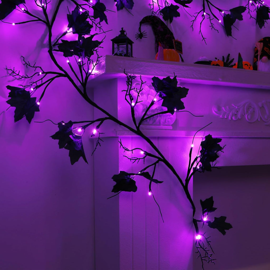 9 FT 72 LED Willow Vine Twig Decor Black Halloween Garland with Purple Lights, 8 Modes & Timer Waterproof Battery Operated for Home Fireplace Mantle Wall Office Indoor Halloween Decorations Party