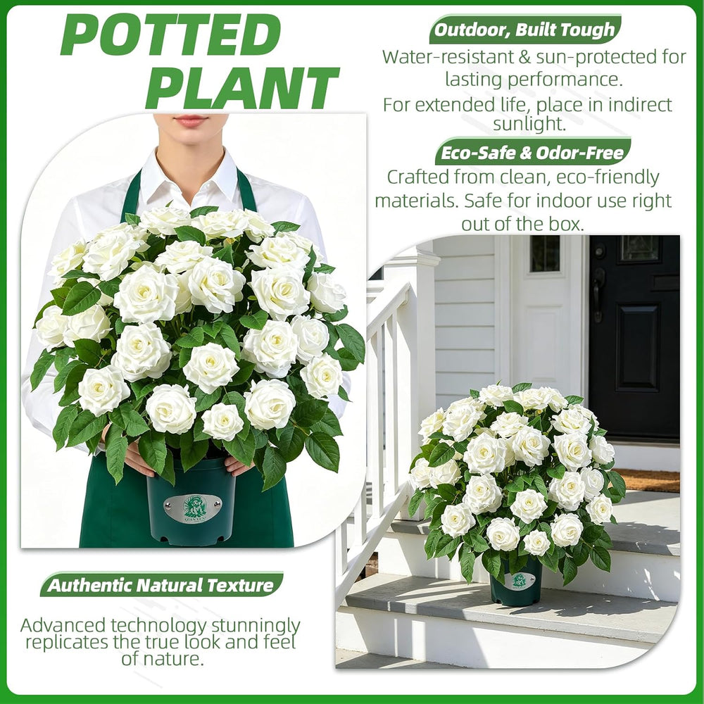 Artificial White Rose Plant, 18" UV Resistant Faux Flowers in Pot for Ou...