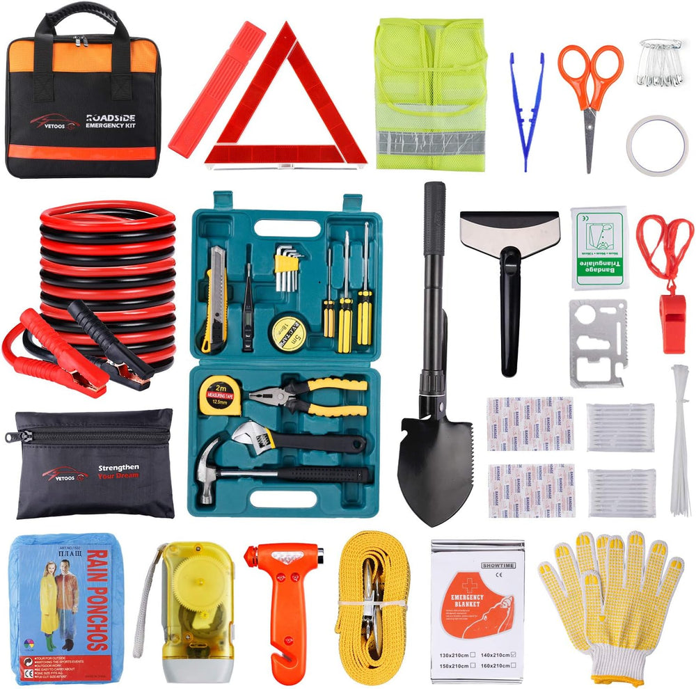 Car Roadside Emergency Kit, Auto Vehicle Safety Kits, with Jumper Cables