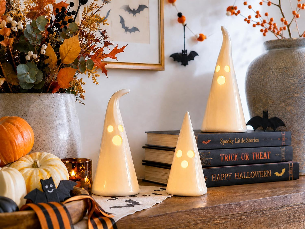 Parsin 5 PCS Ceramic Ghost Light Up Decor, Cute Halloween Decor