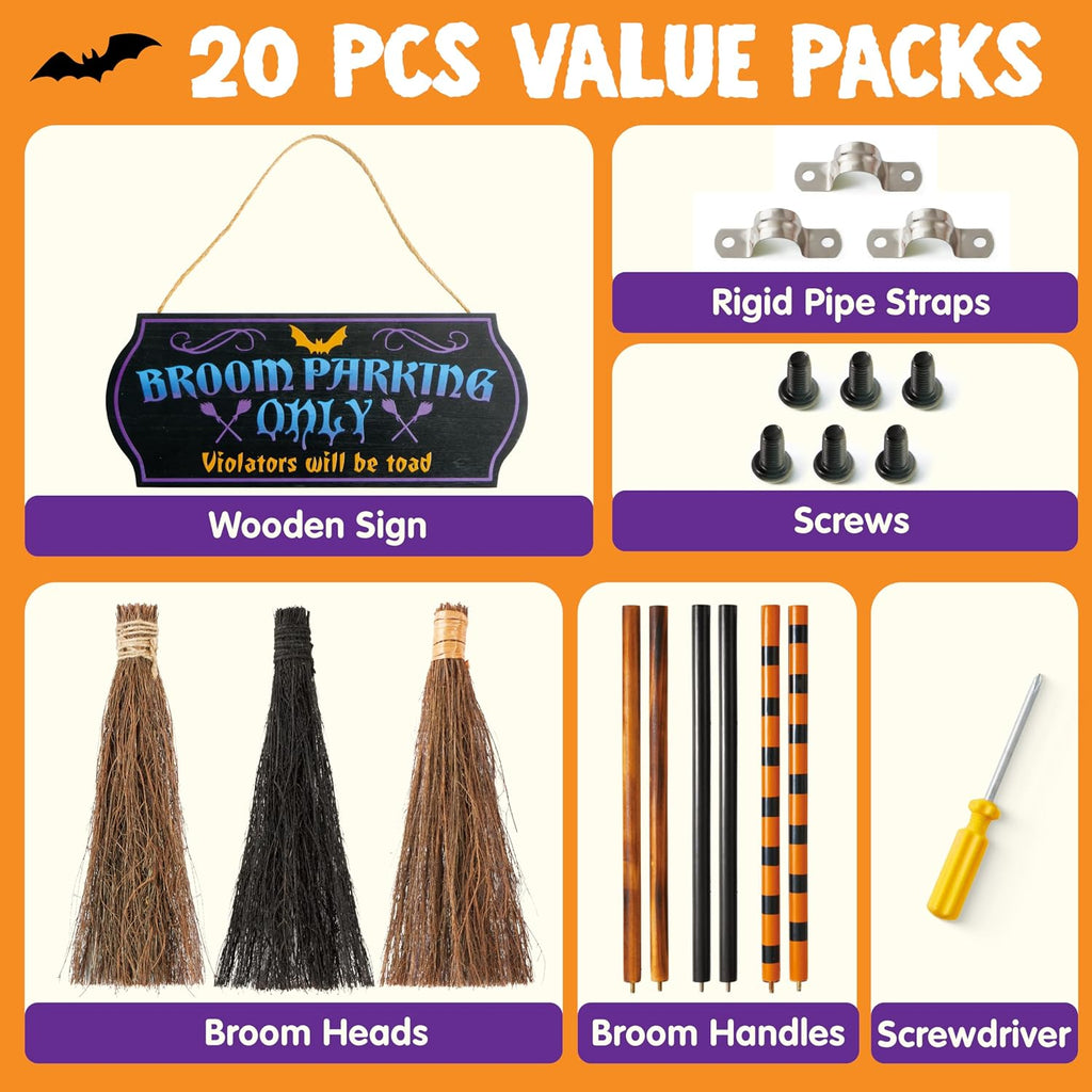 JOYIN Halloween Broom Parking Sign with 3pcs Wooden Witches Brooms, Halloween Decorations Outdoor, Wooden Warning Sign for Front Porch Wall Decor Home Office Indoor