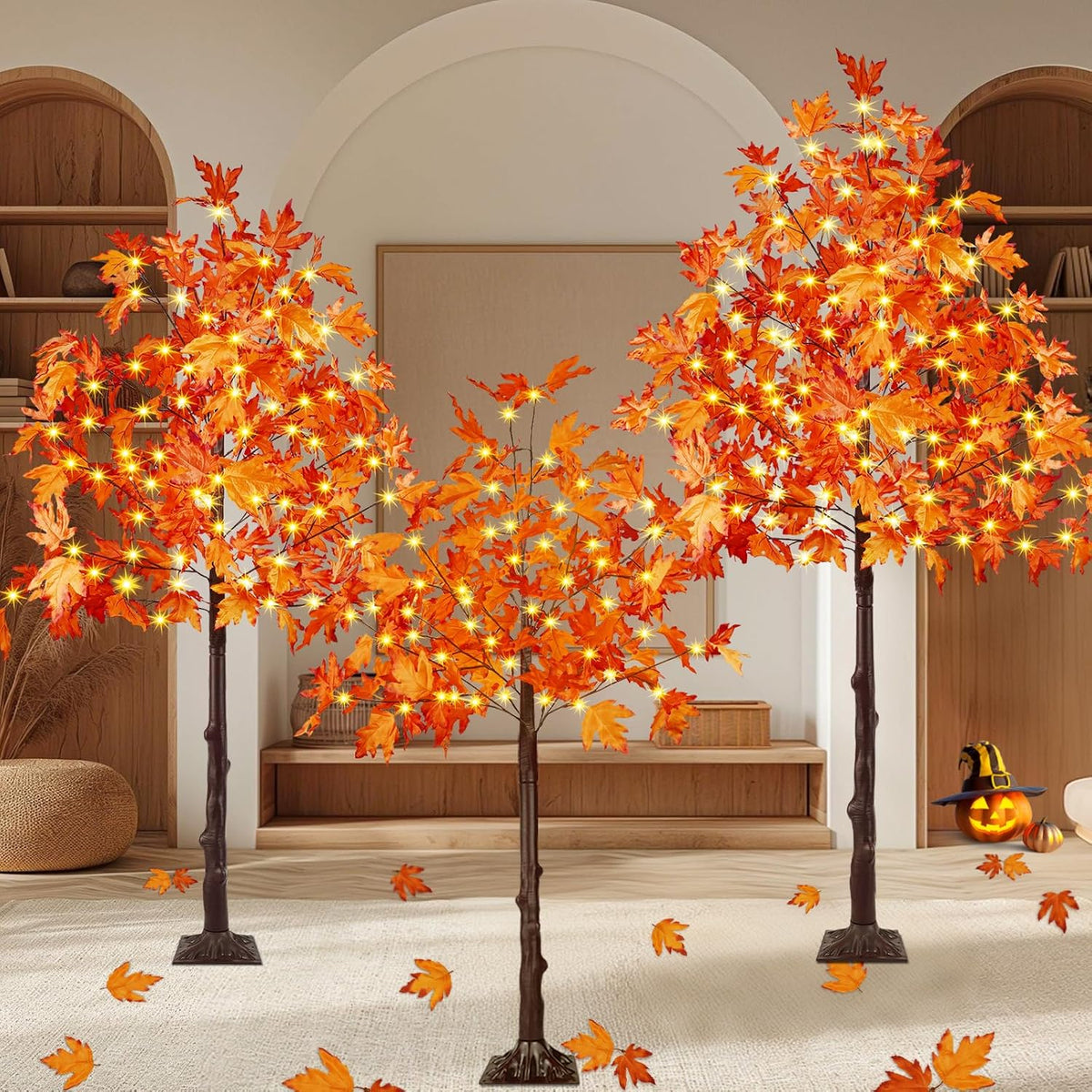3 Pack Lighted Maple Tree 300 LED Artificial Fall Tree for Home Decorations