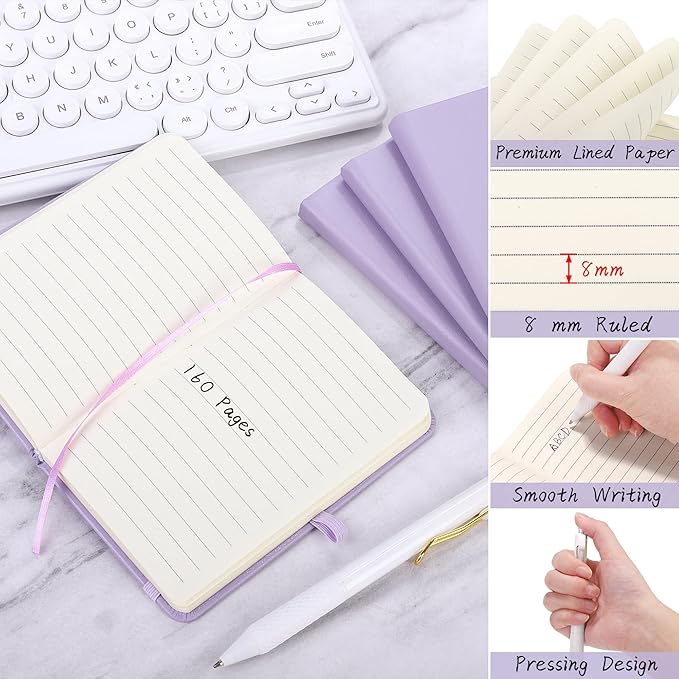 Aodaer 50 Sets Pocket Notebook Journal with Pens, 160 Pages, 3.5 x 5.5 Inch Mini Lined Journal Notebook A6 Leather Hardcover College Ruled Notepad with Pen Holder for School Office Gifts, Lavender