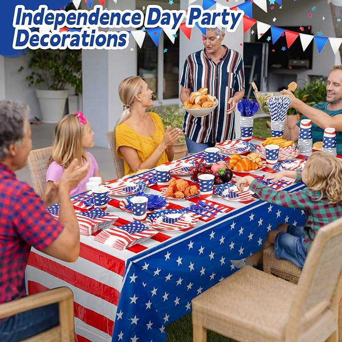 452 Pcs American Flag Party Supplies Veterans Day Decorations for 50 Guests, Patriotic Paper Plates Napkins Cups Tablecloth Cutlery Straws for USA 4th of July Party Supplies