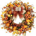 TEMPUS 22inch Artificial Autumn Daisy Wreath Fall Leaves with Bowknot Wreath for Front Door Harvest Festival Window Wedding Autumn Outdoor Indoor Decor