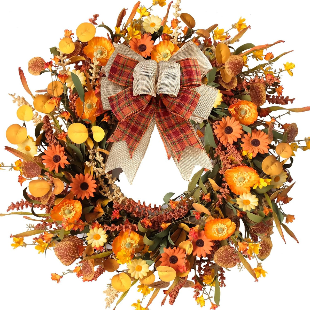 TEMPUS 22inch Artificial Autumn Daisy Wreath Fall Leaves with Bowknot Wreath for Front Door Harvest Festival Window Wedding Autumn Outdoor Indoor Decor