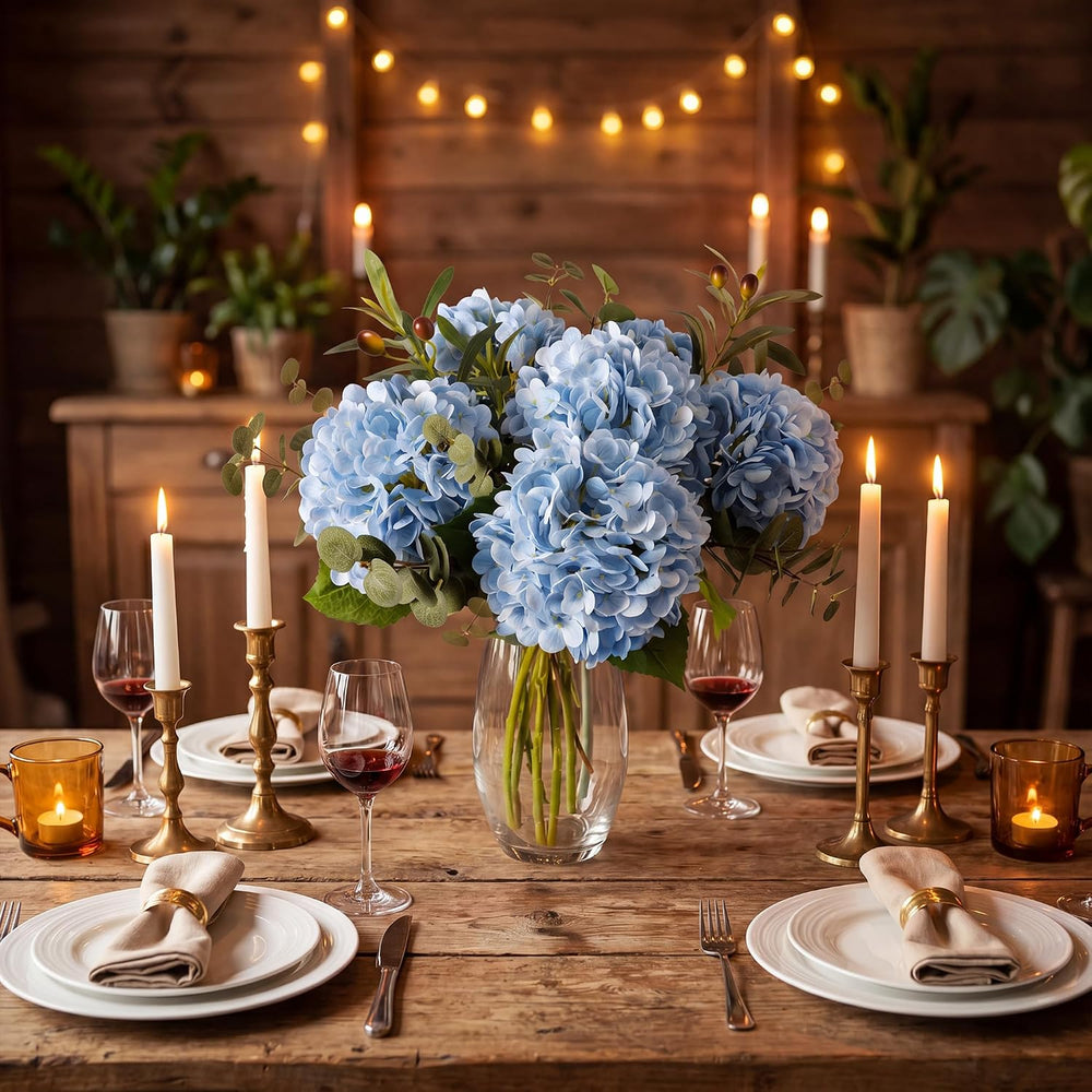 6 Pcs Blue Hydrangea Artificial Flowers with Olives & Eucalyptus