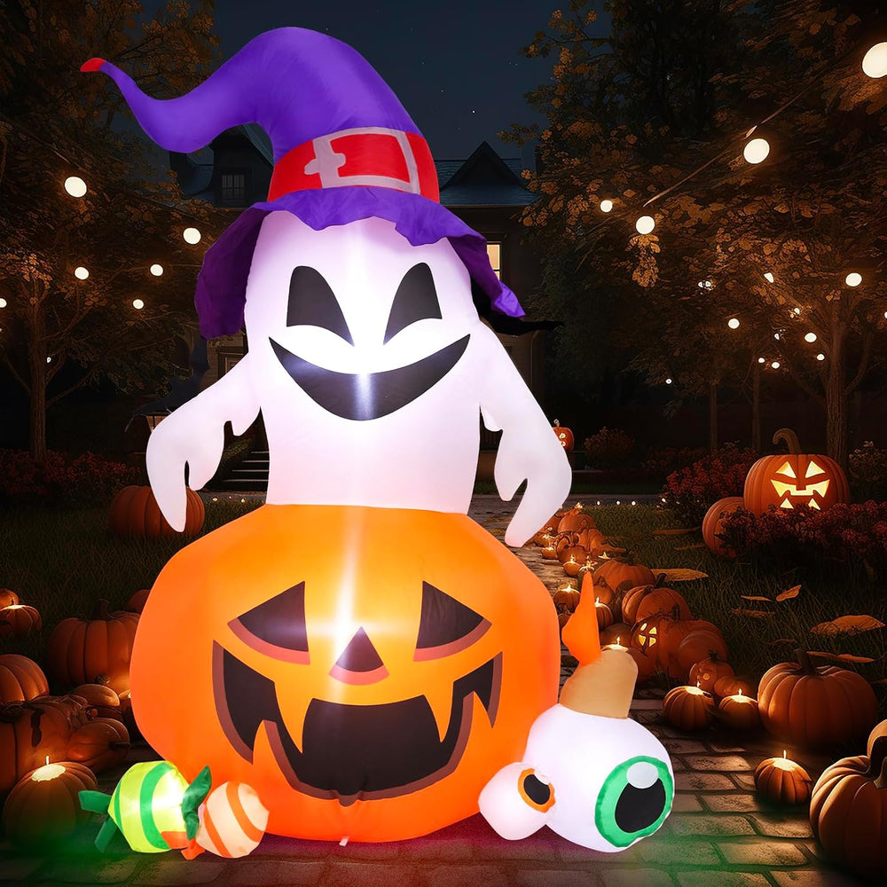 5FT Halloween Inflatable Outdoor Decoration Pumpkin Ghost with Built-in LEDs ...