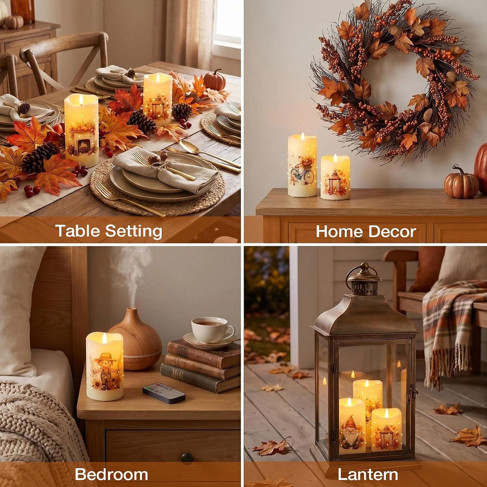 Fall Fiber Optic Flameless Pillar Candles with Remote Set of 3