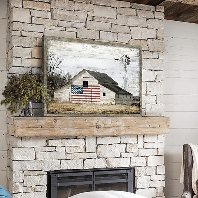 Rustic Landscape Wooden Picture Artwork - Neutral Color Barn with USA Flag Accent Windmill Painting Wall Art Framed