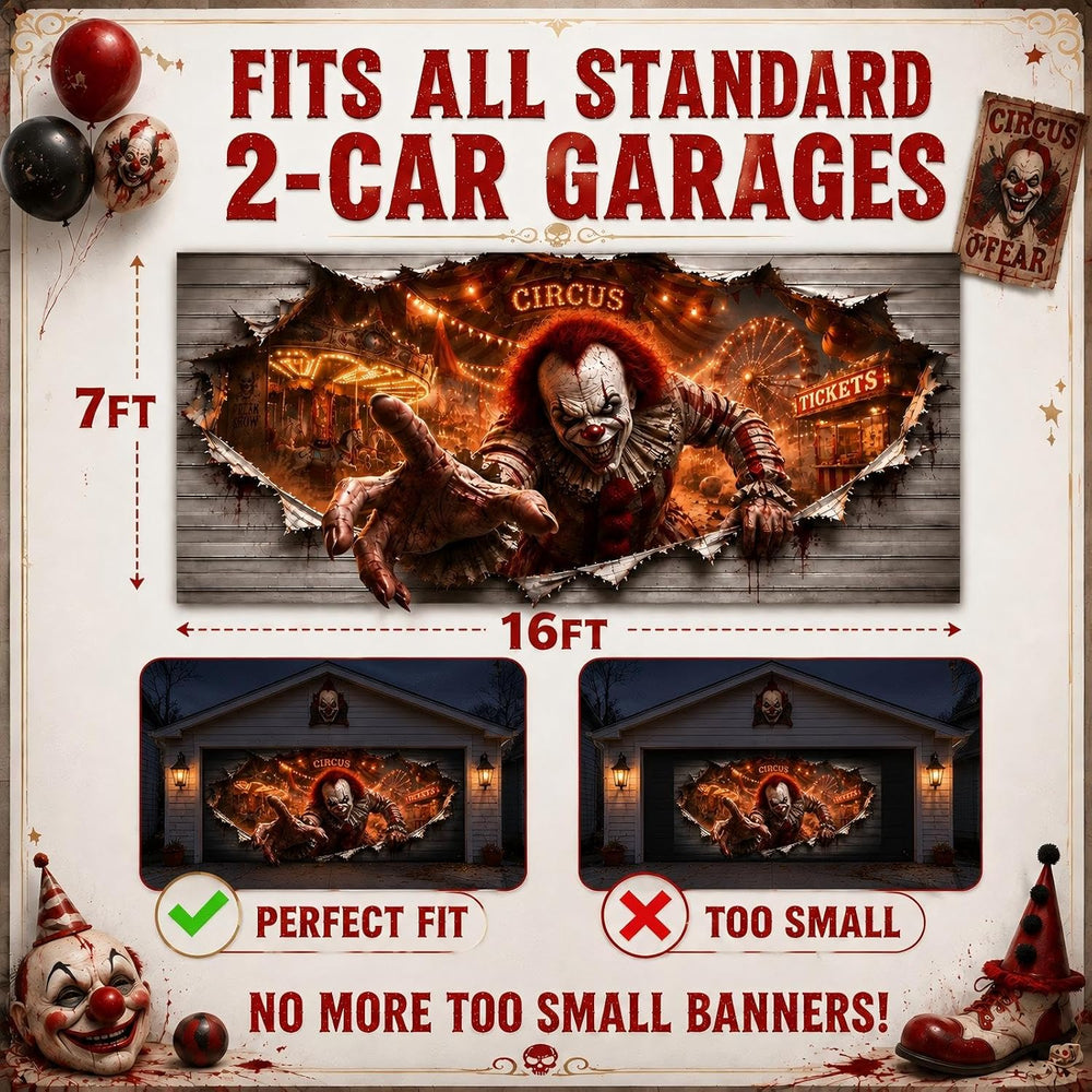 Halloween Garage Door Cover 16x7 FT, 3D Circus Clown Garage Door Decoration