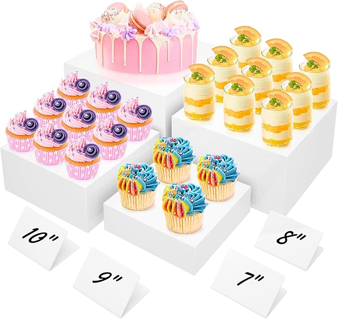 10” Large Buffet Risers with Mini Signs, Table Risers, Buffet Risers and Stands, Acrylic Cube Display Box Riser for Catering Party Buffet Table Food Display, Dessert, Cakes - White, Set of 4 Boxes