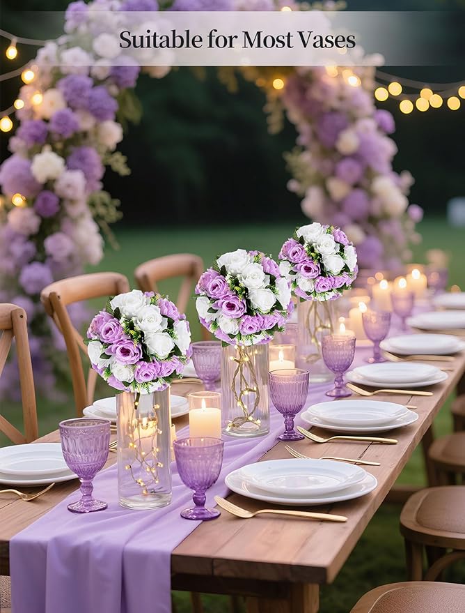 BLOSMON Lilac Flowers Balls for Centerpieces: 10 Pcs Purple White Fake Roses Flower for Wedding Table - Artificial Silk Kissing Bouquet Floral Arrangement Center for Home Party Event Decor