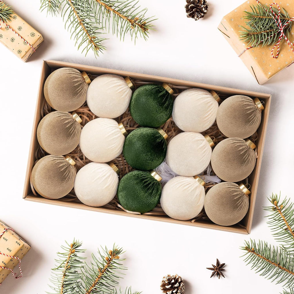 velvet ball christmas tree ornaments set, 30 pack showing dimensions