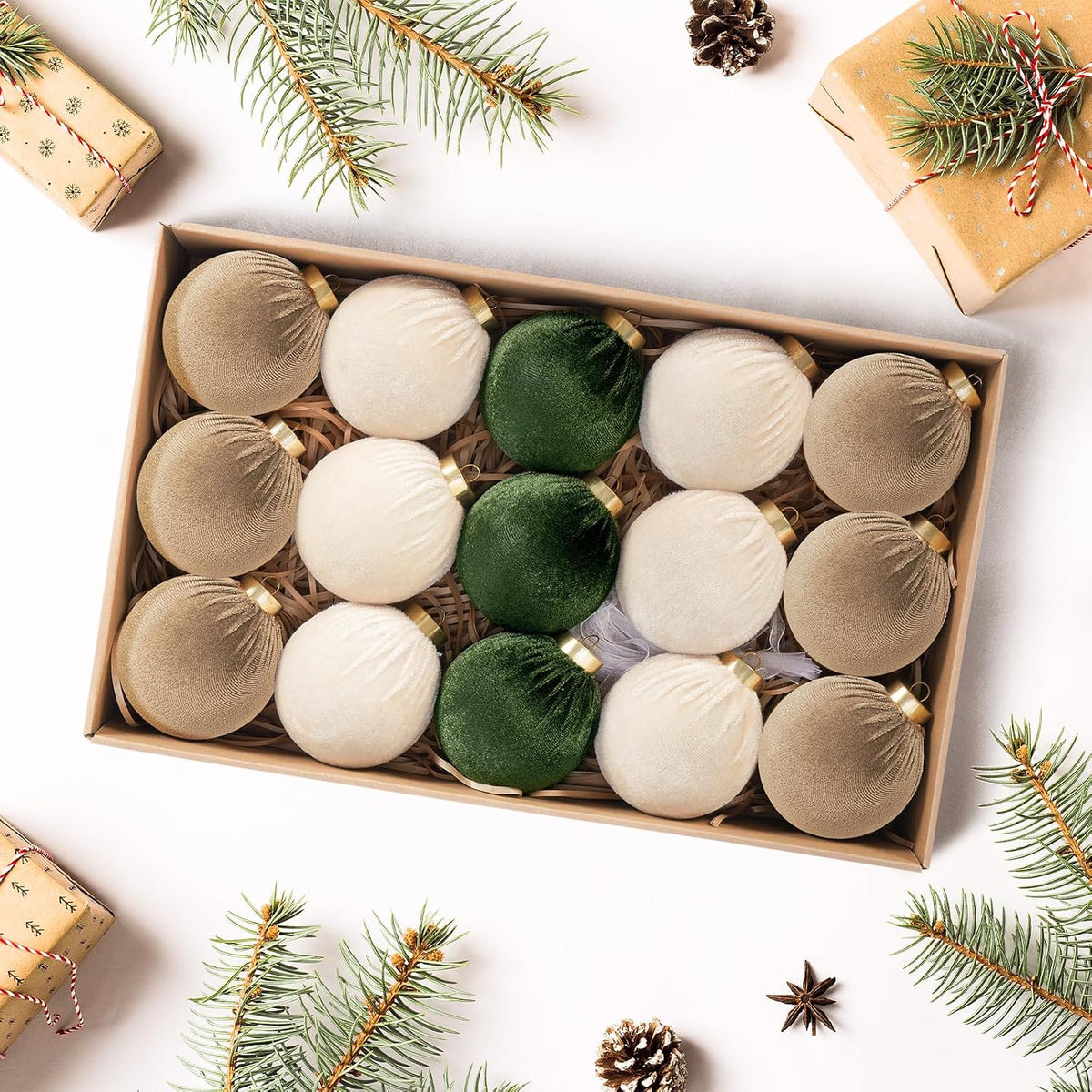 velvet ball christmas tree ornaments set, 30 pack showing dimensions