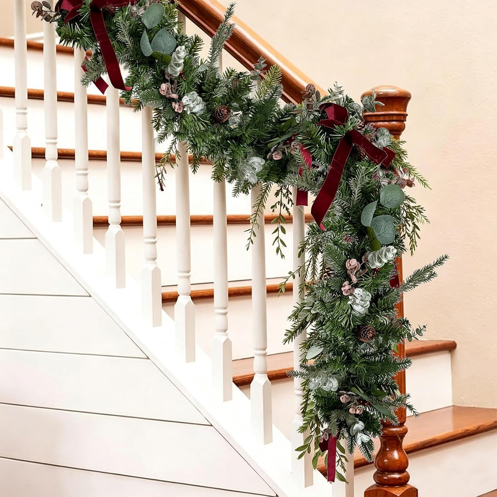 WANNA-CUL 6ft Christmas Garland with Lights Burgundy Ribbon Bells Pine Cone