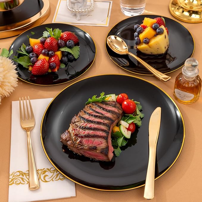 Supernal 350pcs Black & Gold Plastic Dinnerware Set, Elegant Black Plates with Golden Edges, Gold Plastic Silverware, Durable Tableware Perfect for Birthdays, Parties, Wedding, Celebration
