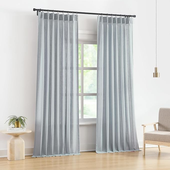 Vision Home Blue Pinch Pleated Semi Sheer Curtains Linen Blended Light Filtering Window Curtains 90 inch for Living Room Bedroom Pinch Pleat Drapes with Hooks 2 Panels 40" Wx90 L,Blueish Gray