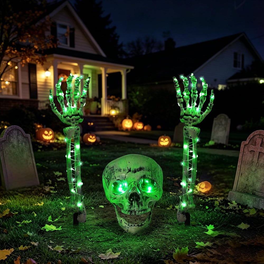 Halloween Skeleton Decorations Outdoor, Light Up Skull Head & Skeleton Ha...