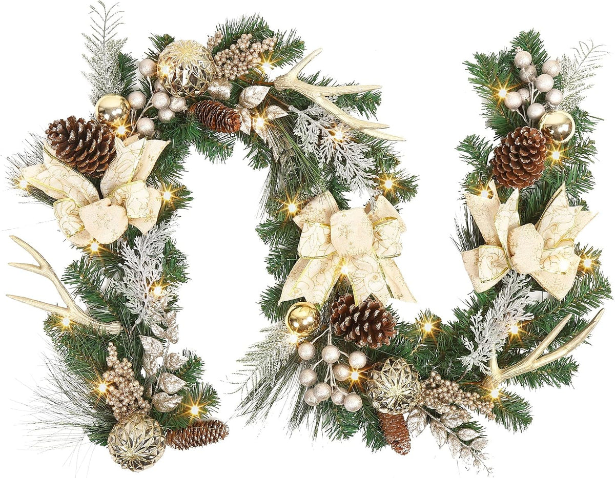 Garvee 6 Feet Christmas Garland with Lights for Mantle, Battery Operated Outdoor Christmas Garlands with Antlers Gold Balls, Prelit Garland Decorations for Fireplace Stair Railing TV Stand