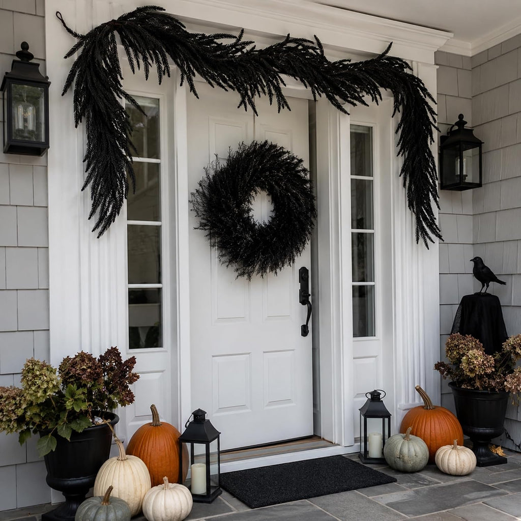 2 Pcs 6ft Black Halloween Norfolk Pine Garland,Vine Twig Mantle Decoration