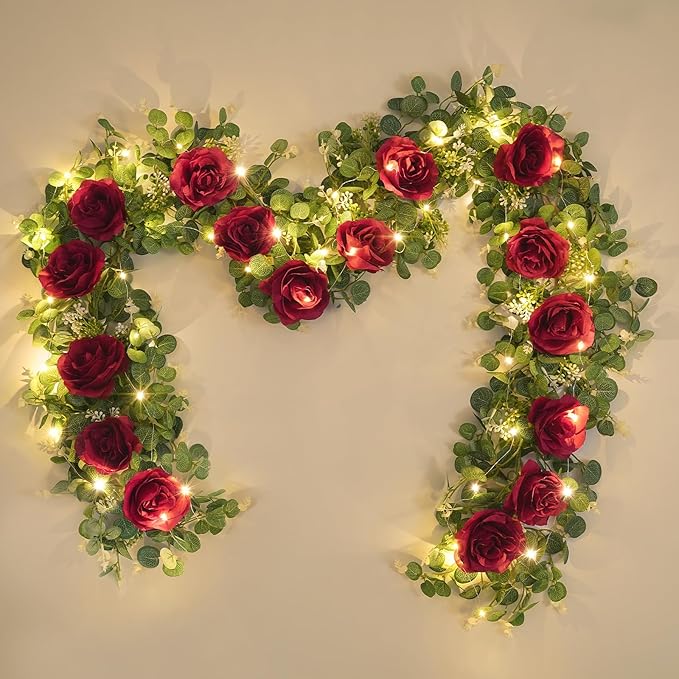 Dolicer 2Pcs 13Ft Artificial Eucalyptus Garlands with Flowers - 8 Roses, Faux Floral Greenery Garlands with 13Ft String Lights Fake Flowers Vines for Wedding Table Centerpieces Arch Party Decor (Red)