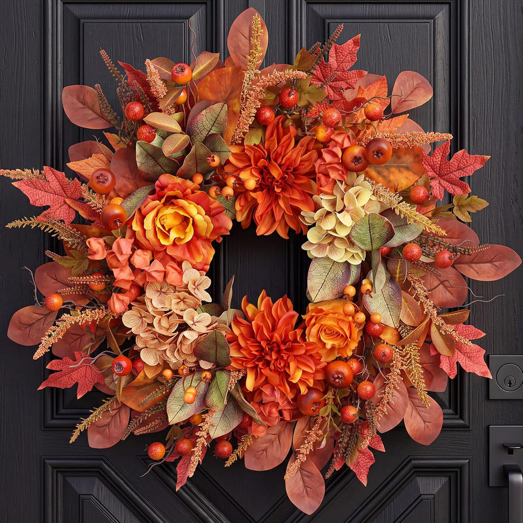 Autumn Harvest Wreath for Front Door 26 Inch, Fall Decor with Orange Dahlias Maple Leaves Berries Hydrangeas, Thanksgiving Halloween Wreaths for Front Door Grapevine Twig