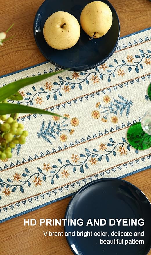 ISAENNE Designer Pale Yellow Elegant Linen Table Runner 102 Inches Long,French Floral Pattern Elegant Table Runners for Dining Tables,Thanksgiving,Kitchen Tables,Christmas,12"*102"-Estevan A