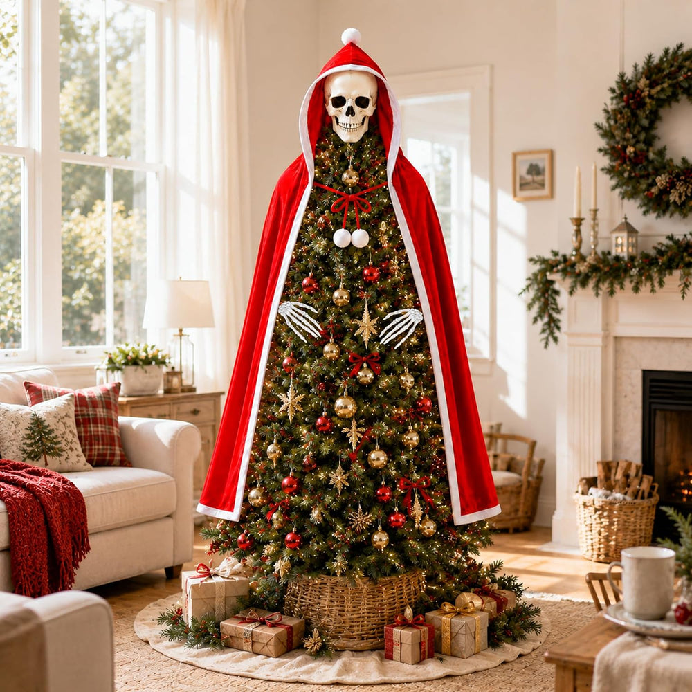 8" Christmas Skull Tree Topper and Red Cloak Skeleton Hand, Goth Xmas Decor