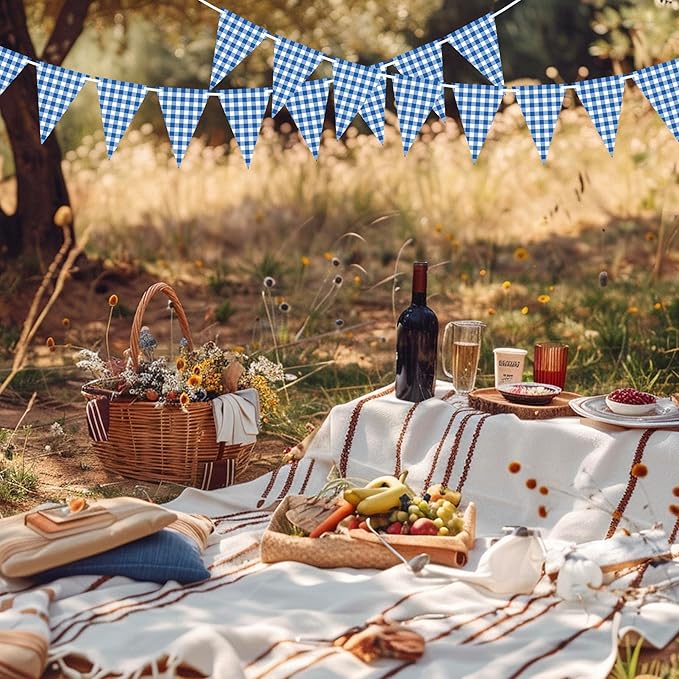 2 Pieces Blue Checkered Flags Banner, Double Sided Blue and White Gingham Bunting Garland for Summer BBQ Picnic Wedding Baby Shower Birthday Party Decorations Supplies