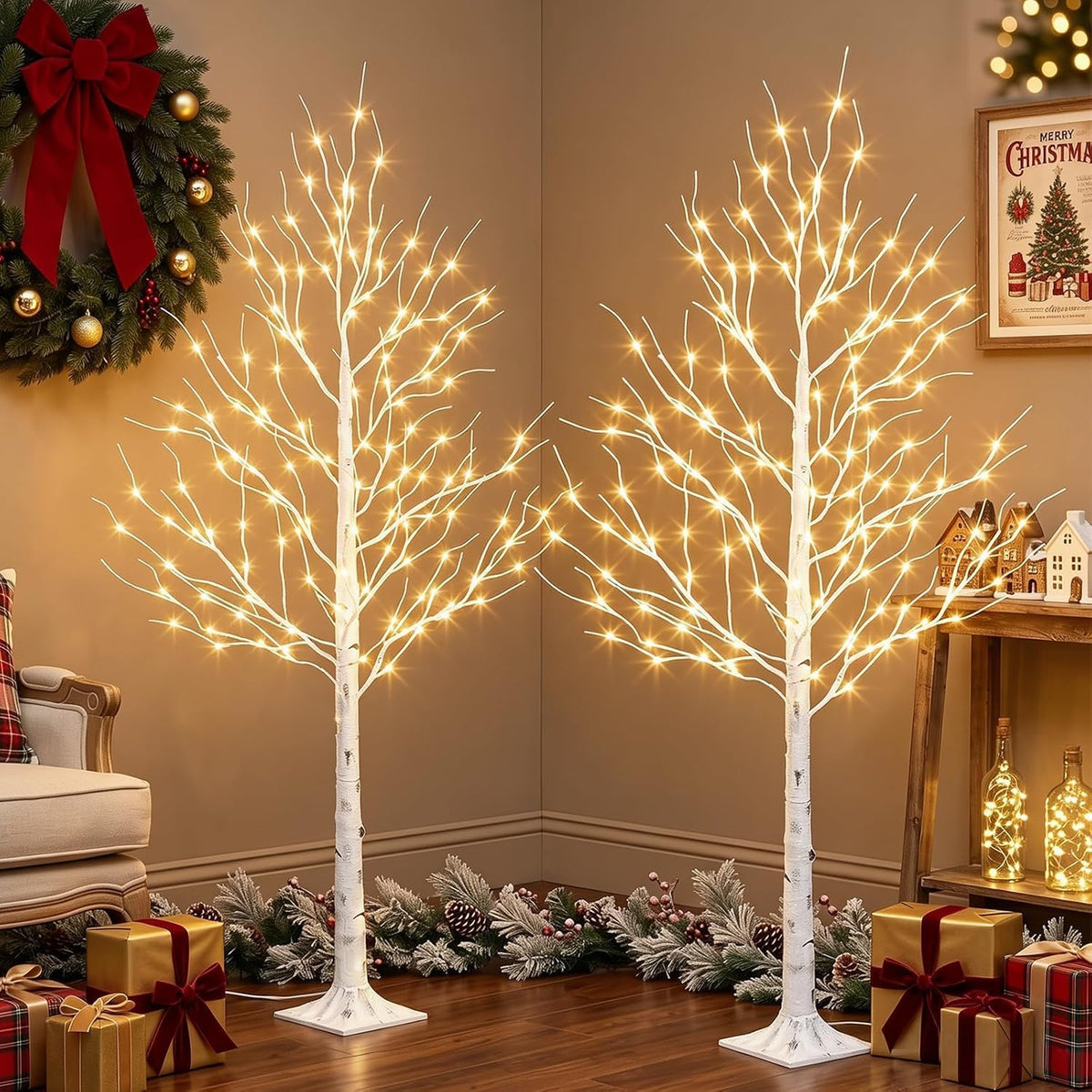 EAMBRITE Lighted Birch Tree, 6ft Prelit White Christmas Trees Outdoor 2Pack