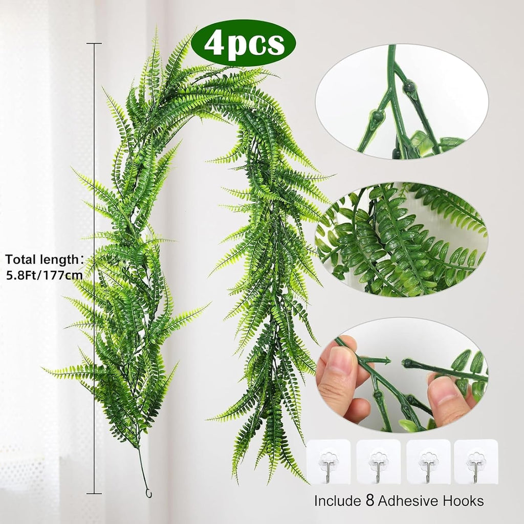 RECUTMS 4Pc Artificial Boston Ferns Garland 5.8Ft Green Fake Greenery Vines