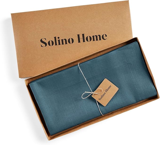 Solino Home Linen Square Tablecloth 52 x 52 Inch - 100% Pure Linen Peacock Blue Table Throw - Fete, Machine Washable Table Cloth