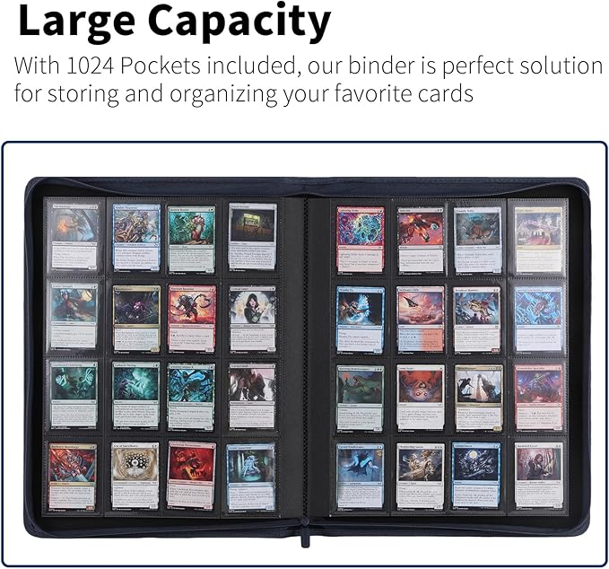 Snekdy premium 1024-pocket trading card binder, 16-pocket cards album, waterproof PU-leather Cover album with side loading, holds gaming, baseball, basketball & sports cards (Blue)