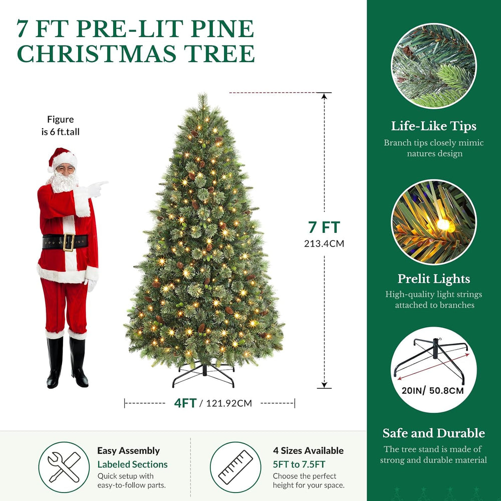 7FT Artificial Prelit Pre-Decorated Christmas Tree with Remote, Timer