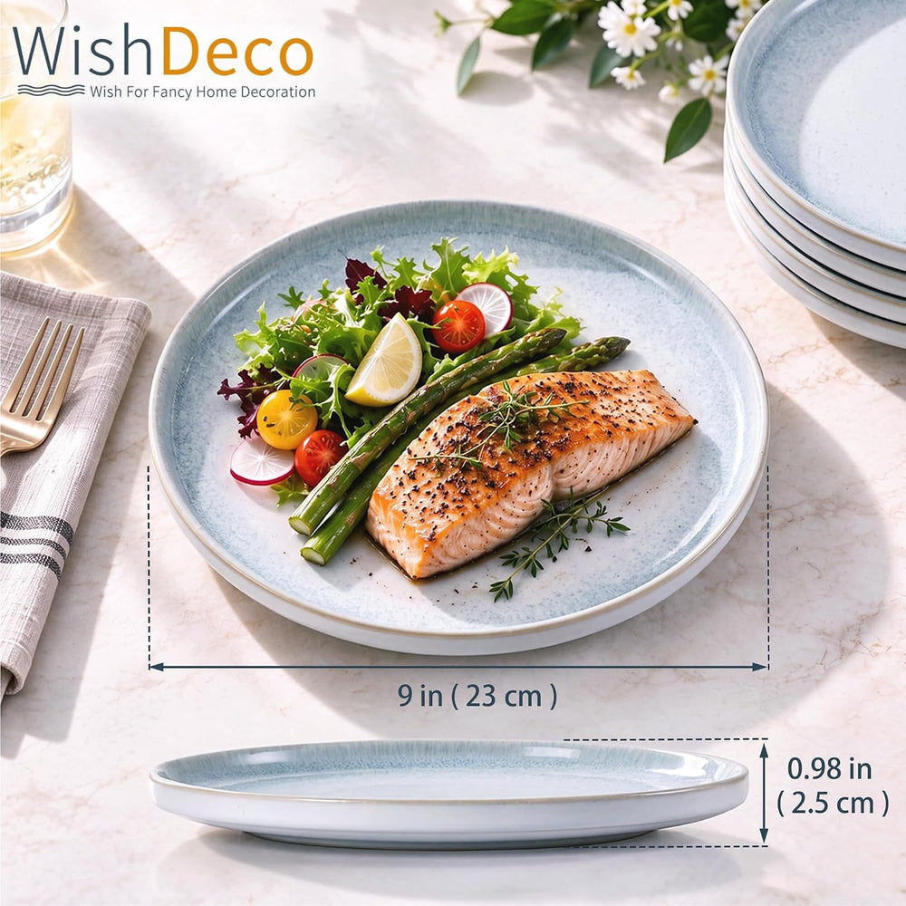 WishDeco Ceramic Dinner Plates Set of 6, Modern Blue Salad Plates 9 inch