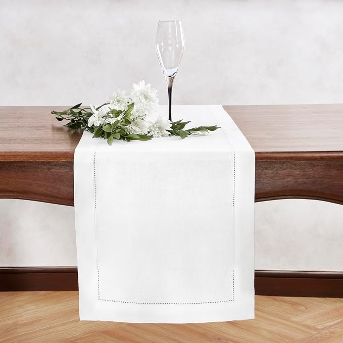 Off White Table Runner 72 inches Long – 100% Pure Linen Hemstitch 14 x 72 Inch Table Runner for Dining, Spring, Summer, Wedding Decorations, Gift – Azure