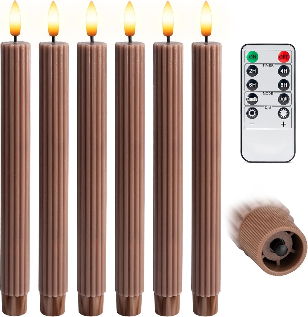 6 Pack, 10" LED Flameless Real Wax Brown Tan Fluted Ribbed Grooved Taper...
