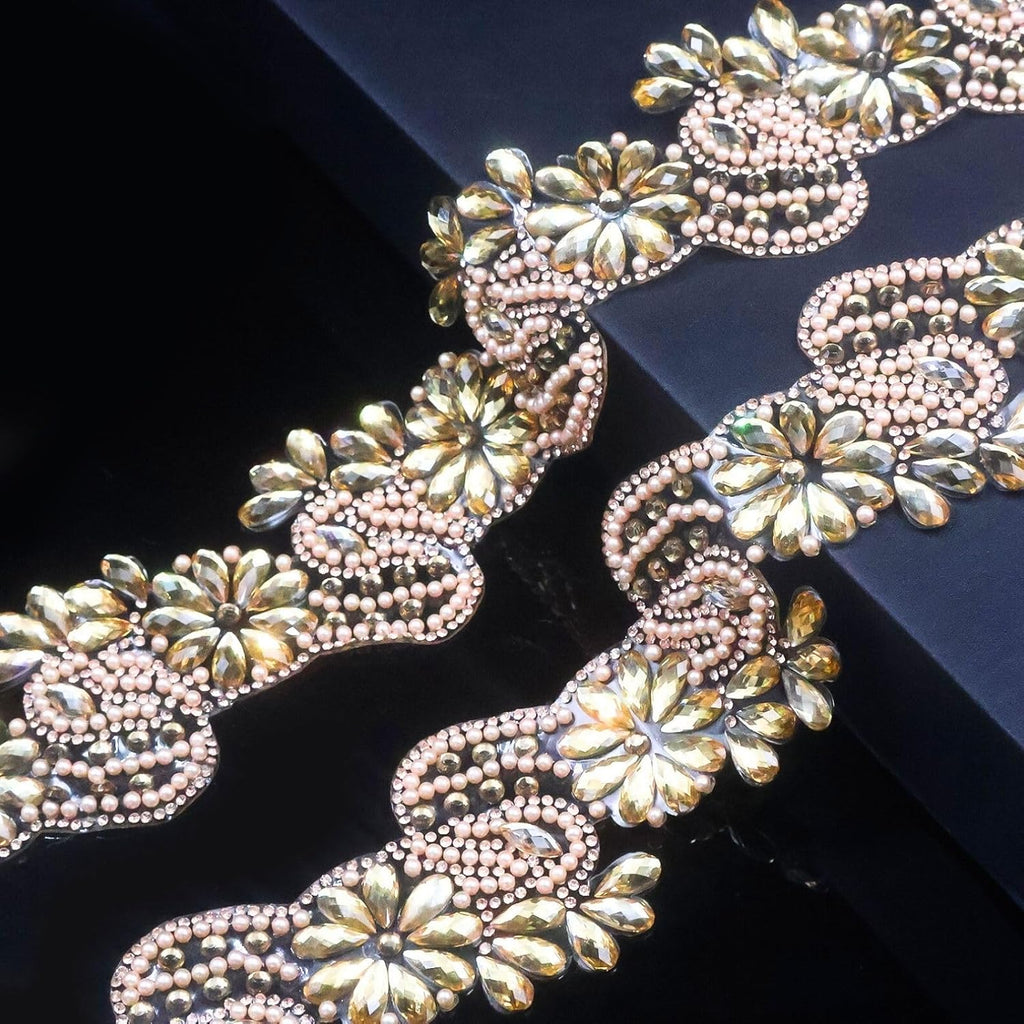 PEARLY JUN 2.5 Yards Champagne Gold Rhinestone Ribbon Rhinestone Strip