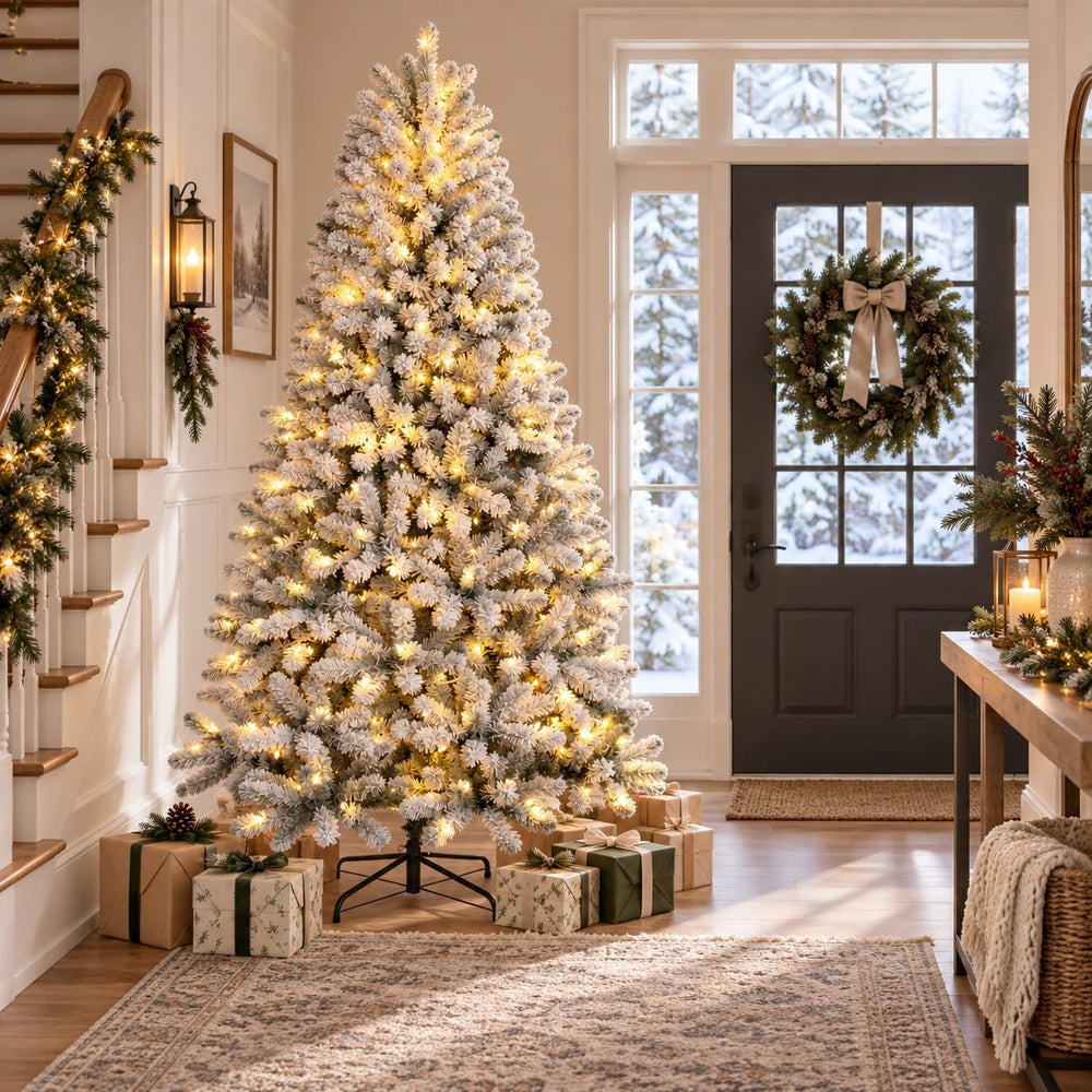 7ft Prelit Artificial Flocked Snow Spruce Christmas Tree Xmas,White