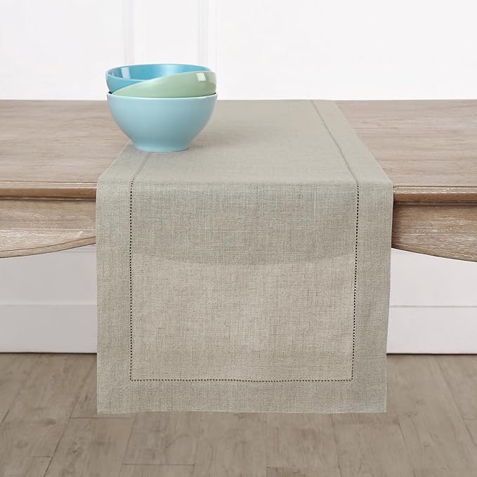Solino Home Linen Natural Table Runner 156 Inches Long - 100% Pure Linen Extra Long Table Runner 14 x 156 Inch for Fall, Autumn, Thanksgiving, Christmas - Classic Hemstitch