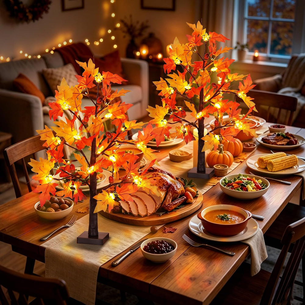 2 Pack 24 Inch Lighted Fall Maple Trees, Battery Operated Artificial Thanksgi...
