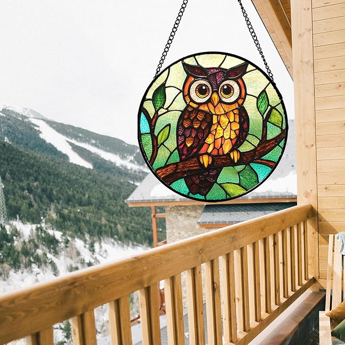 Stained Glass Window Hanging - Owl on a Branch Suncatcher for Doors Window Home Orange Brown Sun Catchers Decor Christmas Mother's Day Birthday Gifts for Teacher Women Men Mom Nana 9.8 in