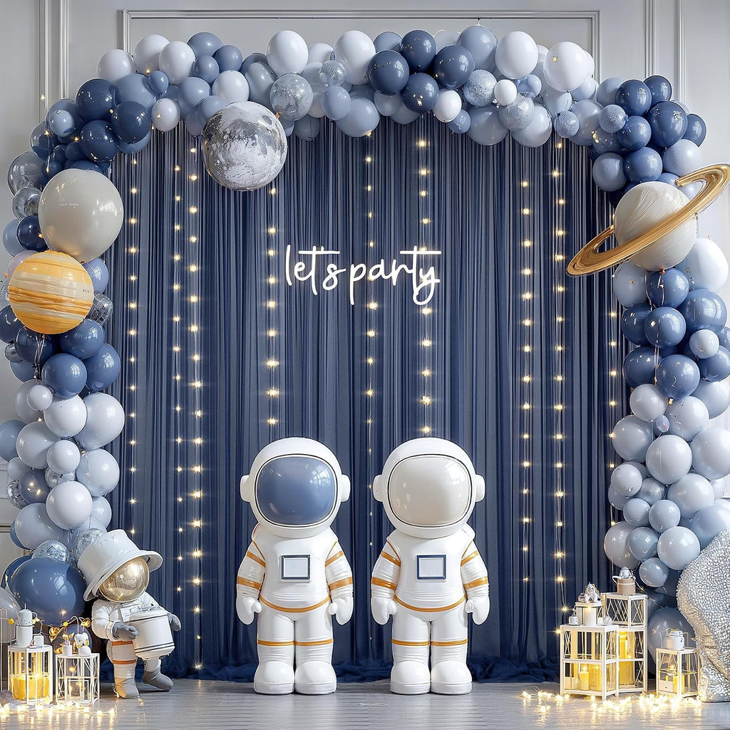 30×10ft navy blue tulle backdrop curtain with lights showing dimensions