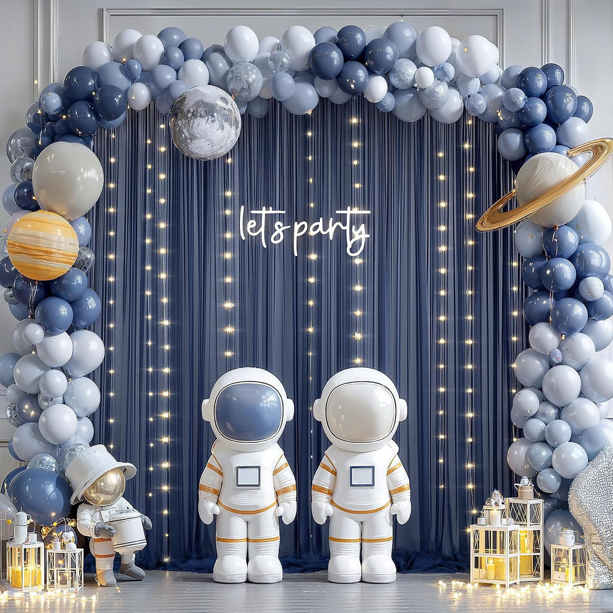 30×10ft navy blue tulle backdrop curtain with lights showing dimensions