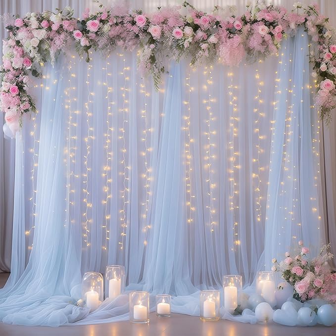 10×10ft Blue Tulle Backdrop Curtain with Lights String for Parties, Sheer Photo Curtain Backdrop Drapes for Wedding Party Photography Backgrounds