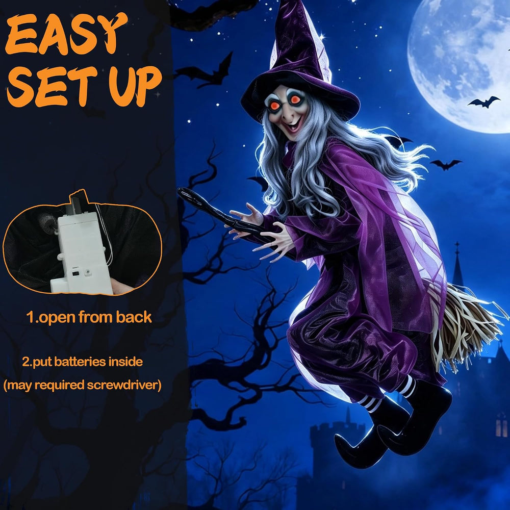 Hourleey 4 FT Flying Witch Halloween Decorations, Animated Hanging Witch on B...
