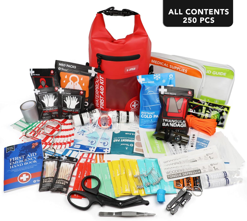 250 PCS Water‑Resistant First Aid Kit, Roll Top Reflective Emergency Bug Out ...